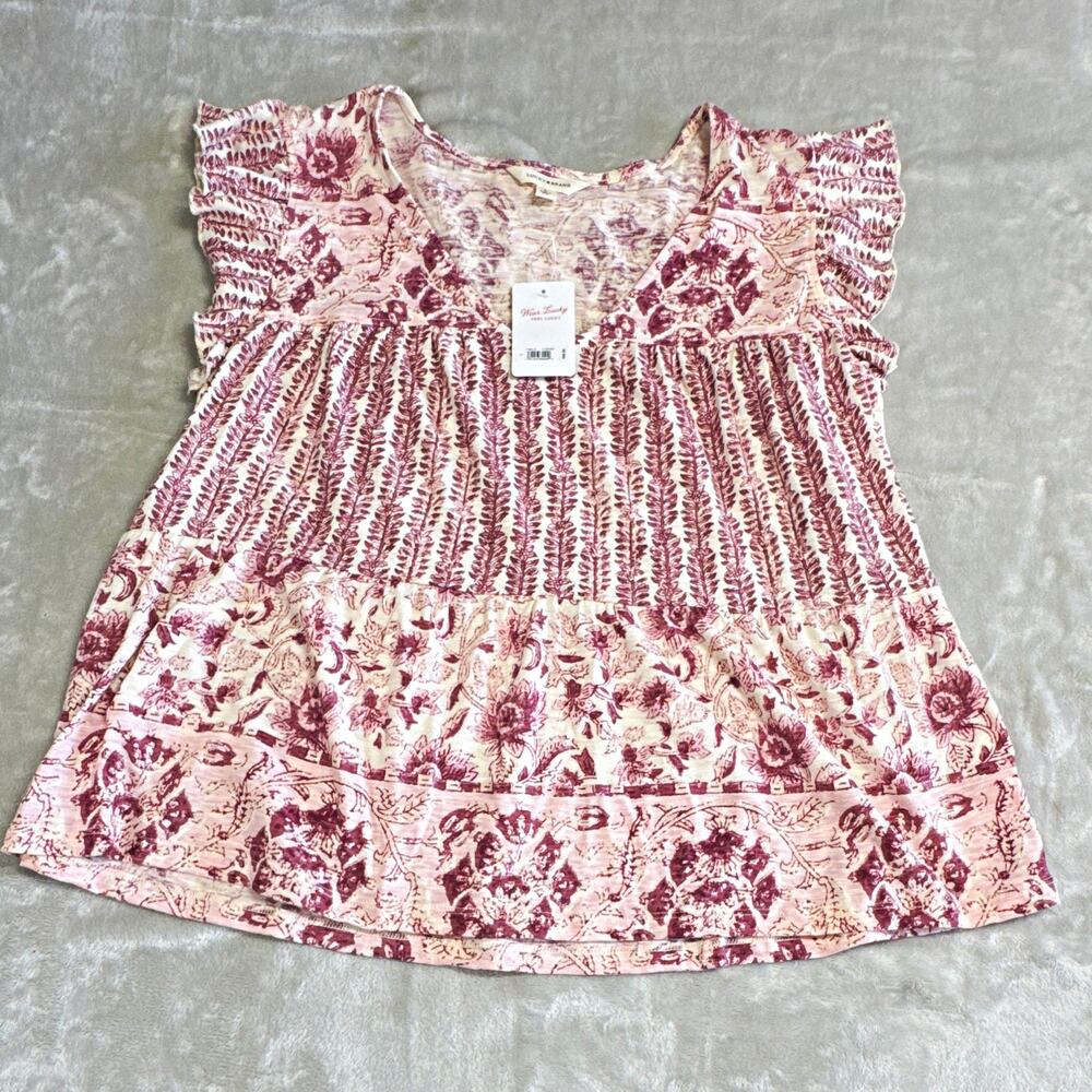 Lucky Brand NEW Women Top Sz L Pink/Purple Floral V-Neck Cotton Ruffle Sleeve